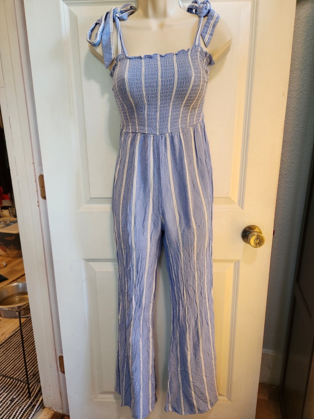 H&M Blue and White Striped Tie-Shoulder Jumpsuit